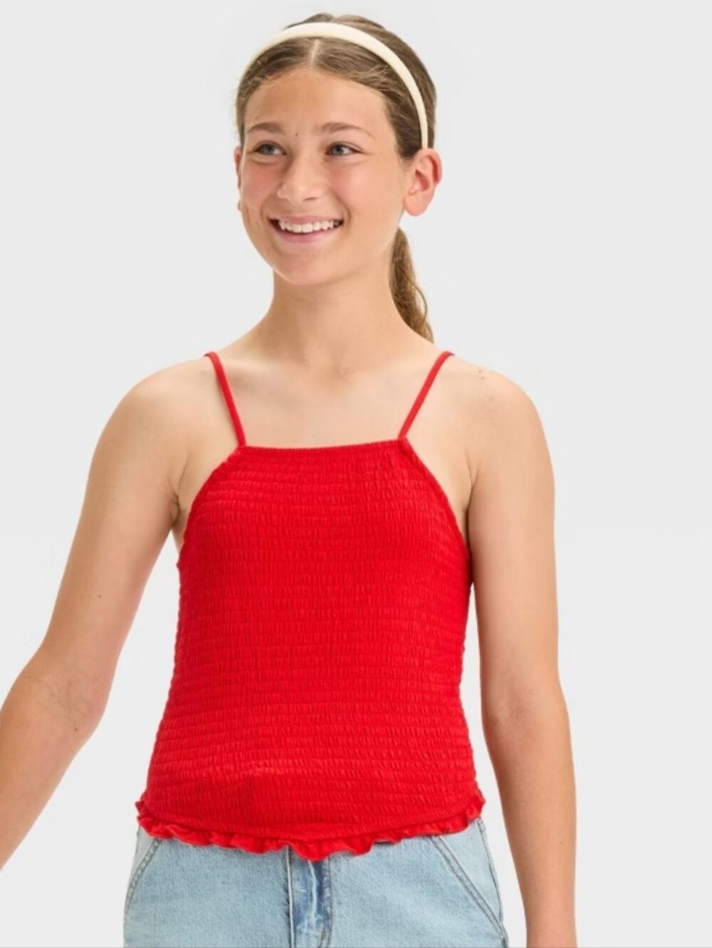 Girls' High Neck Knit Smocked Tank Top - art class Red L(10/12)